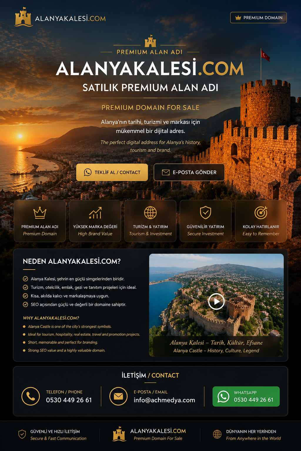 AlanyaKalesi.com satılık premium alan adı tanıtım sayfası